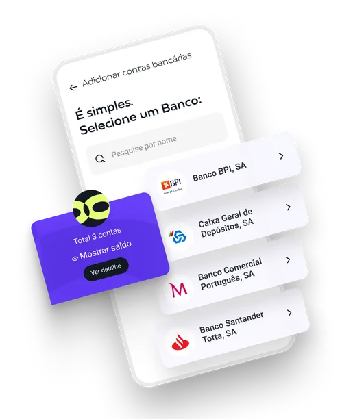 Ecrã da app com a área "Adicionar contas bancárias".
